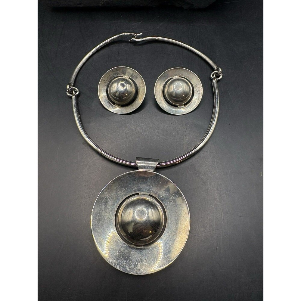Choker Silver Collar Necklace Round Dangle Pendant Earring Set High Polished